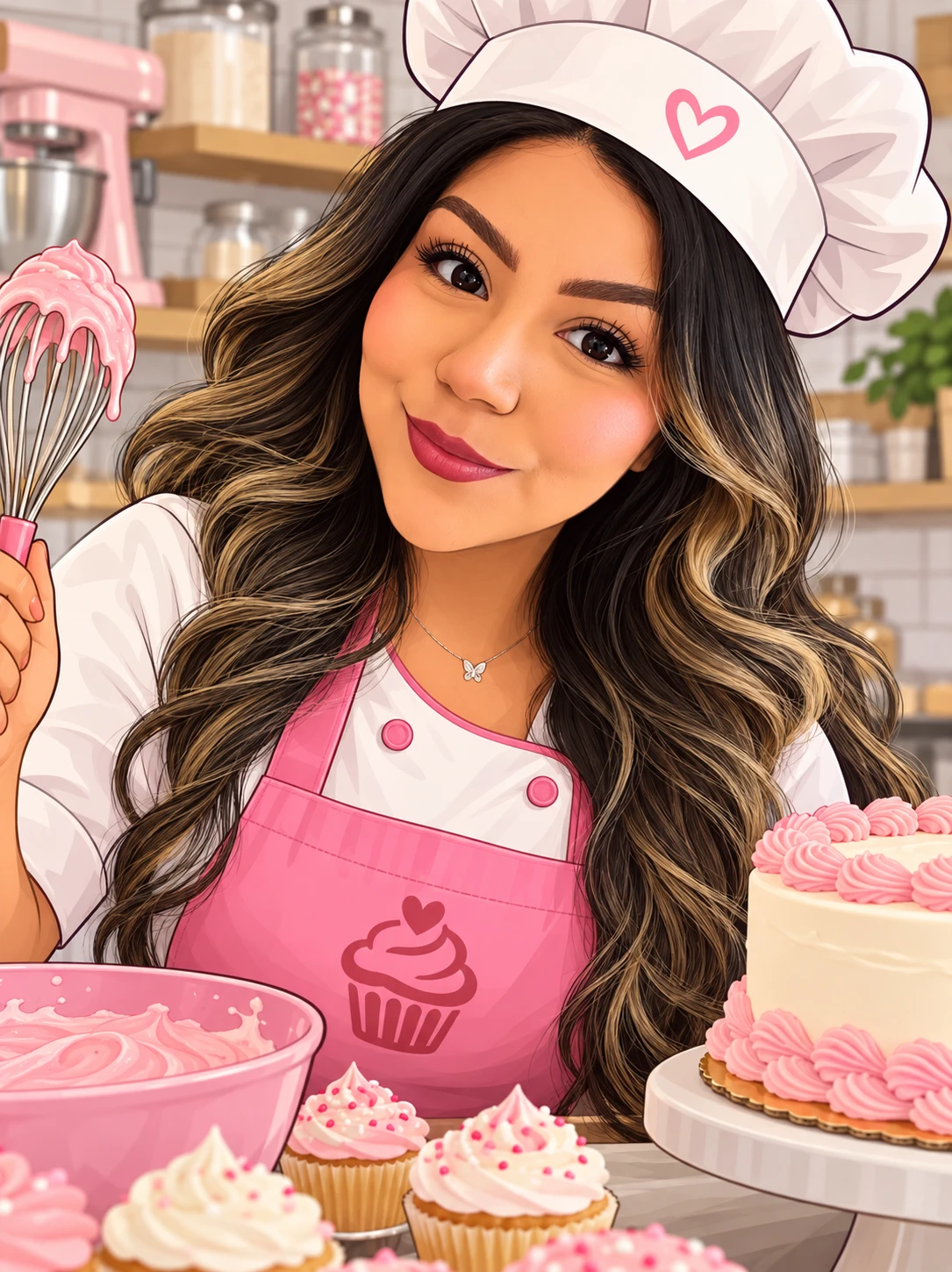 Illustration of Eve in her chef's hat and pink apron, holding a whisk